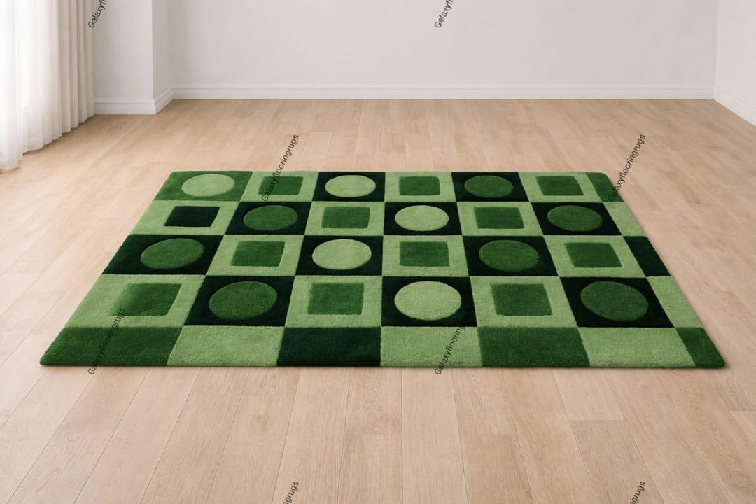 Geometric Square Pattern Area Rug Green Geometric Hand Tufted Rug Modern Abstract Checkered Wool Carpet ...