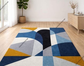 Modern Geometric Hand Tufted Wool Rug, Blue Grey Mustard Abstract Area Rug, Contemporary Living Room Carpet, Minimalist Designer Floor Rug