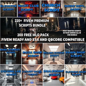 Op de afbeelding: Een promotieafbeelding met een bundel FiveM-scripts. De afbeelding toont verschillende scènes zoals een nachtclub, kerk en bankoverval, met tekstoverlays. De tekst bevat "220+ FIVEM PREMIUM SCRIPTS BUNDLE" en "FIVEM READY AND ESX AND QBCORE COMPATIBLE."