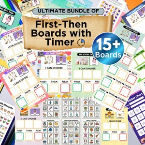 Op de afbeelding: Een verzameling kleurrijke First-Then-borden met een timer, ontworpen voor visuele schema's en taakbeheer. De borden tonen de tekst "First-Then Boards with Timer" en "I Can Choose". Bevat meer dan 15 borden.