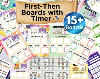 May include: A collection of colorful First-Then boards with a timer, designed for visual schedules and task management. The boards feature the text "First-Then Boards with Timer" and "I Can Choose". Includes 15+ boards for various activities.