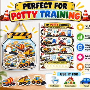 May include: A potty training kit featuring a jar-shaped container filled with construction vehicle stickers, a My Potty Routine chart with eight numbered steps, and additional truck stickers. The set includes icons for bathroom, home, and travel use.