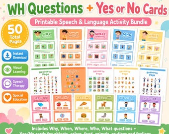 May include: A set of printable speech and language activity cards featuring WH questions and Yes or No questions. The cards are designed for visual learning, speech therapy, and special education. The bundle includes 50 pages in total.