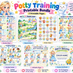May include: A potty training printable bundle featuring seven pages including a routine chart, reward chart, sticker sheet, handwashing guide, accident guide, editable page, and success certificate, all decorated with a cartoon princess character.