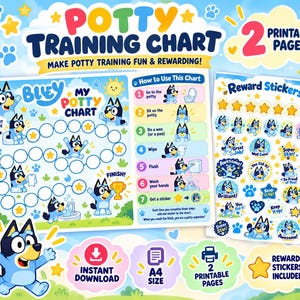 May include: A potty training chart set featuring Bluey characters, including a My Potty Chart game board with a path of circles, a How to Use This Chart guide with seven steps, and a sheet of reward stickers with stars and encouraging text.