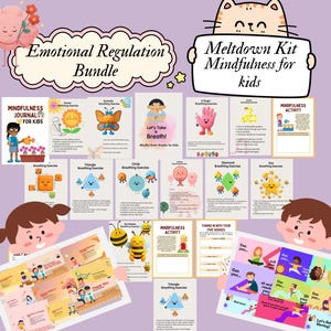 Puede incluir: Un "Emotional Regulation Bundle" y un "Meltdown Kit Mindfulness for Kids" se muestran sobre un fondo morado claro. El paquete incluye un diario de atención plena, ejercicios de respiración y actividades. La imagen presenta ilustraciones de dibujos animados.