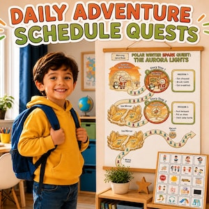May include: A wall-mounted activity chart titled Polar Winter Spark Quest: The Aurora Lights, featuring a path with numbered story stops, mission checklists, and illustrations of an igloo and compass. Below it sits a grid of small task icons.
