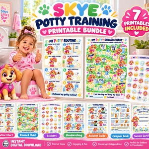 Puede incluir: Un paquete imprimible de entrenamiento para ir al baño de Skye que incluye tabla de rutinas, tabla de recompensas, pegatinas, guía de lavado de manos, guía de accidentes, guía para cuidadores y certificado de éxito con el personaje Skye.