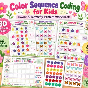 Color Sequence Coding for Kids: Flower & Butterfly Pattern Worksheets (30-Page PDF)