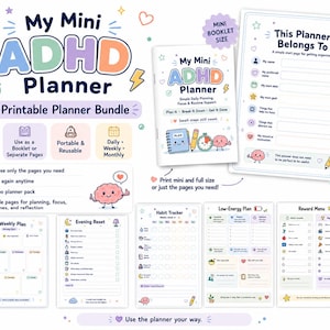 Puede incluir: Un paquete de planificador ADHD imprimible que incluye un mini folleto y páginas de tamaño completo. El conjunto contiene plantillas para planificación semanal, rutinas nocturnas, seguimiento de hábitos y menús de recompensas con iconos.
