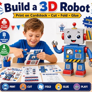 Puede incluir: Un kit de manualidades de robot 3D imprimible con siete páginas para imprimir, cortar, doblar y pegar. El kit incluye instrucciones y plantillas para crear un robot azul, gris y rojo con un medidor, botones y una cara sonriente.