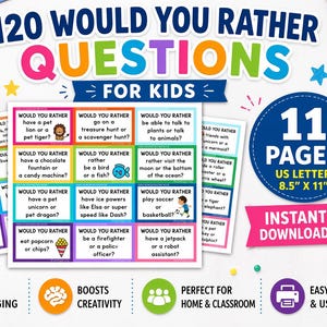 May include: A colorful printable game titled "120 Would You Rather Questions For Kids." The design features multiple cards with questions, a blue circle with "11 PAGES US LETTER 8.5" X 11"", and icons for fun, creativity, and easy use.