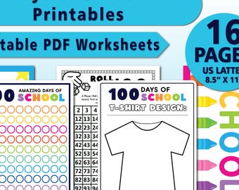 100 Days of School Worksheets Printable | 100th Day Activities for Kids | Classroom Homeschool PDF | Coloring, Counting & T-Shirt Design