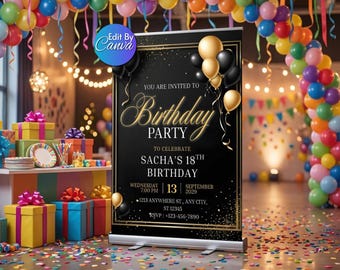 18th Birthday Invitation Template Editable in Canva | Black Gold Birthday Invite | Elegant Party Invitation | Adult Birthday Invite Download