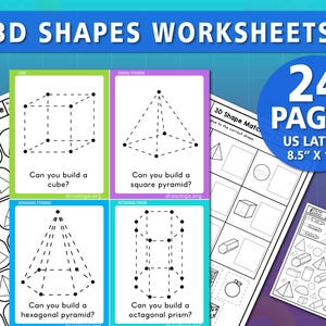 May include: Educational worksheets for learning 3D shapes. The image shows several pages with geometric shapes, including cubes, pyramids, and prisms. The worksheets are US Letter size, 8.5" x 11", and contain 24 pages. The worksheets include mazes and matching activities.
