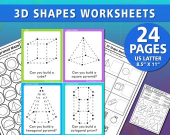 3D Shapes Worksheets | 24 Pages Activities | Dot-to-Dot Building | Shape Matching Maze | Geometry Practice | Printable PDF
