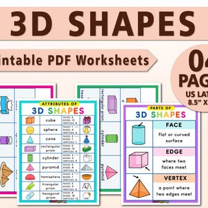 Op de afbeelding: Educatieve, afdrukbare PDF-werkbladen met de titel "3D SHAPES". De afbeelding toont vier pagina's met kleurrijke diagrammen van geometrische vormen, waaronder kubussen, bollen en piramides. De werkbladen zijn US Letter formaat, 21,59 cm x 27,94 cm.