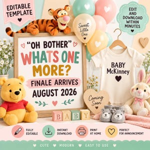 Może przedstawiać: Edytowalny szablon ogłoszenia o dziecku z oprawionym znakiem z tekstem OH BOTHER WHATS ONE MORE FINALE ARRIVES AUGUST 2026, białym body, pluszowym tygrysem, misiem, królikiem, balonami i klockami dla niemowląt.