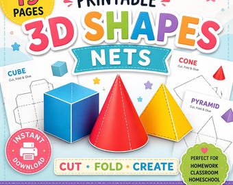 3D Shapes Nets Printable for Kids | Math Worksheets for Kids | Cut & Fold Activity | Homeschool Math| Geometry Activity PDF (19 Pages)