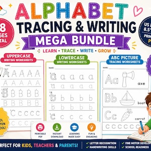 Pode incluir: Alphabet Tracing & Writing Mega Bundle com 78 páginas no total. Inclui folhas de exercícios de maiúsculas, minúsculas e imagens ABC no tamanho 21,59 cm x 27,94 cm. Apresenta um lápis animado, uma criança escrevendo e ícones de PDF.