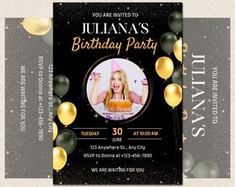 Black Gold Birthday Invitation Template, Editable Canva Invite, Photo Birthday Party Invite, Elegant Birthday Invitation, Adult Party Invite