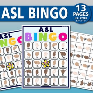 Puede incluir: Juego de bingo ASL con 13 páginas, tamaño US Letter 21,6 x 27,9 cm. El juego presenta tarjetas coloridas con gestos de manos que representan letras del alfabeto. El título "ASL BINGO" se muestra en letras grandes y multicolores.
