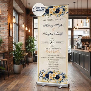 May include: A roll-up wedding party banner featuring the names "Harry Style & Taylor Swift" with floral accents in navy blue and yellow. The banner includes the date "September 23, 2026" and ceremony details.