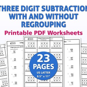 Puede incluir: Hojas de trabajo PDF imprimibles para la resta de tres dígitos con y sin reagrupación. Las hojas de trabajo incluyen 23 páginas, tamaño US Letter, 21,6 cm x 27,9 cm. El título es azul y las palabras "Printable PDF Worksheets" son rosas.