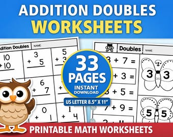 Addition Doubles Worksheets | Printable Math Worksheets PDF | Doubles Facts Practice | Kindergarten 1st Grade Math | Homeschool Printable