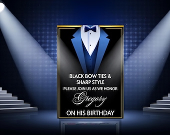 Luxury Tuxedo Backdrop Banner | Black Diamond Men's Birthday | Custom Name & Photo | Digital File Print Ready