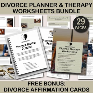 Op de afbeelding: Een bundel scheidingsplanner- en therapiewerkbladen, waaronder een digitale planner en therapiewerkbladen. De afbeelding toont een spiraalgebonden notitieboek met de titel "Divorce Digital Planner" en een stapel werkbladen. De bundel bevat 29 pagina's.