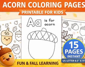 Acorn Coloring Pages Printable | Fall Coloring Worksheets for Kids | Preschool Autumn Activity | A is for Acorn | Instant Download PDF