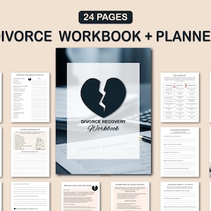 Könnte beinhalten: Ein Arbeitsbuch und Planer mit dem Titel "Divorce Workbook + Planner" mit 24 Seiten. Das Cover zeigt eine Grafik eines zerbrochenen Herzens. Verschiedene Arbeitsblätter werden angezeigt, darunter Rechts- und Finanzplanung, Selbstfürsorge und Dankbarkeit. Der Text ist schwarz.