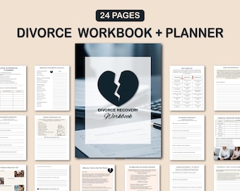 May include: A workbook and planner titled "Divorce Workbook + Planner" with 24 pages. The cover features a broken heart graphic. Various worksheets are displayed, including legal and financial planning, self-care, and gratitude. The text is in black.