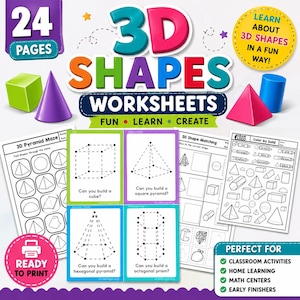 Pode incluir: Um conjunto de 24 páginas de fichas de trabalho sobre formas 3D com gráficos coloridos de um cubo verde, um cone roxo, uma pirâmide rosa e um cilindro azul. As páginas incluem um labirinto de pirâmides, atividades de correspondência e exercícios.