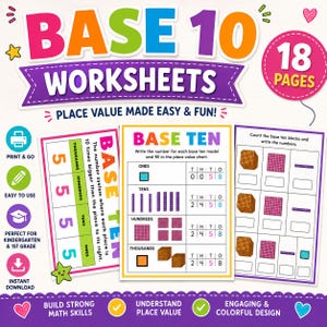 Puede incluir: Un conjunto de 18 páginas de hojas de trabajo de matemáticas de base 10 con texto y gráficos coloridos. Las páginas incluyen tablas de valor posicional, ilustraciones de bloques de base diez y ejercicios de conteo con espacios.