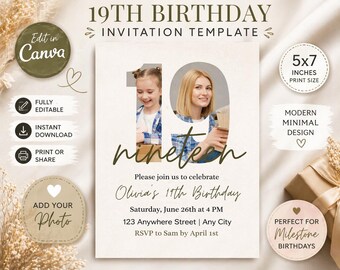 19th Birthday Invitation Template Editable in Canva, Minimal Photo Birthday Invite, Modern Elegant Birthday Invitation, Neutral Party Invite