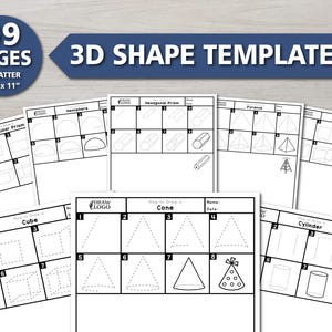 May include: A set of nine US Letter size (8.5" x 11") 3D shape templates. Each page features a different geometric shape, such as a cube, cone, and cylinder, with dotted lines for tracing. The title "3D SHAPE TEMPLATES" is displayed at the top.