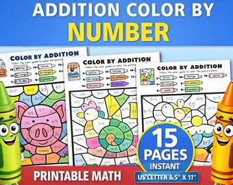 Addition Color by Number Worksheets | Math Coloring Pages for Kids | Printable PDF Activity | Kindergarten 1st Grade Math | Homeschool Sheet