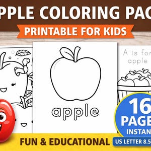 May include: Apple coloring pages for kids, featuring printable designs. The image shows three pages with apple illustrations, including a smiling apple and the word "apple". The set includes 16 pages, US Letter size 8.5" x 11".