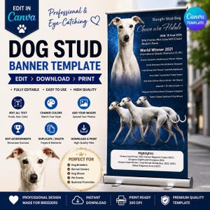May include: A Dog Stud Banner Template, professionally designed and easy to edit. The banner features a Sloughi dog and text that reads "Edit, Download, Print". Ideal for dog breeders, kennel owners, dog shows, and pet events.