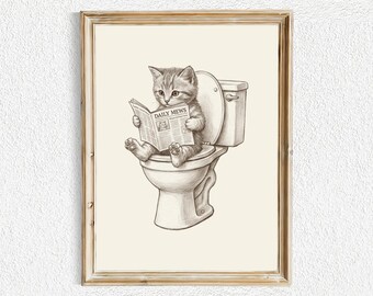 Funny Cat Printable Wall Art, Bathroom Cat Illustration, Whimsical Cat Toilet Art, Vintage Style Cat Print, Instant Download