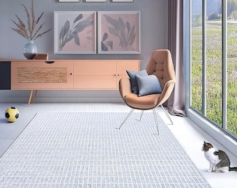 Modern krämblå rutmatta, handtuftad mjuk yta | Minimalistisk geometrisk ullmatta för pastellfärgad skandinavisk heminredning