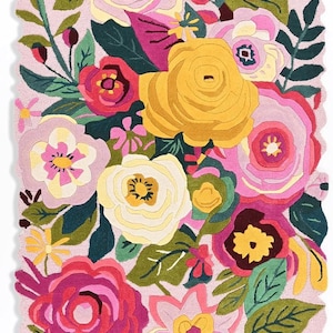 Abstract botanical floor art featuring yellow, pink, and green flowers with a premium high-density pile.