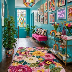 Dopamine decor style pink flower rug in a bright sunlit living room, perfect for maximalist interior design.