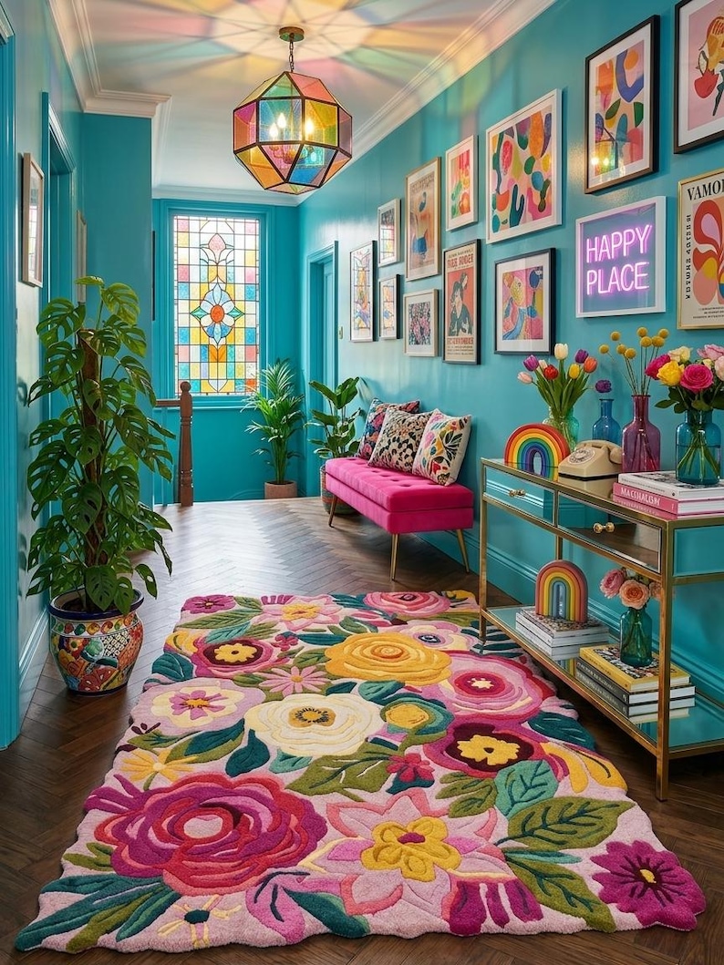 Dopamine decor style pink flower rug in a bright sunlit living room, perfect for maximalist interior design.