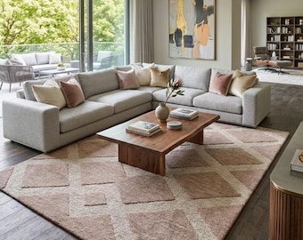 Modern geometrisk diamantmatta, handtuftad ullmatta, exklusiv mauve taupe rodnande rosa plyschmatta för lyxigt vardagsrum/sovrum
