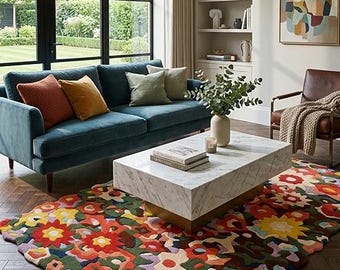 Hand Tufted Abstract Floral Rug, Plush Botanical Living Room Carpet
