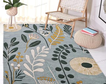 Hand Tufted Botanical Wool Area Rug | Sage Blue Floral Carpet for Living Room, Bedroom