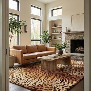 May include: A living room with a brown leather sofa, a wooden coffee table, and a patterned rug with tiger and leopard print designs. The room has a fireplace, large windows, and a neutral color palette.